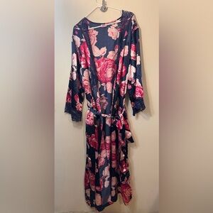 Amoureuse Navy Blue Satin Floral Long Robe with Lace Trim